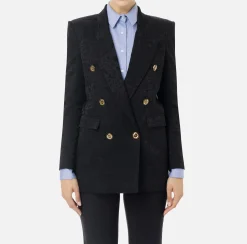Elisabetta Franchi Jackets And Trench Coats|Tailleur|Jacquard crêpe double-breasted jacket with lettering Black