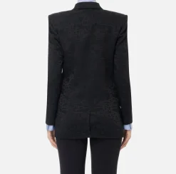 Elisabetta Franchi Jackets And Trench Coats|Tailleur|Jacquard crêpe double-breasted jacket with lettering Black