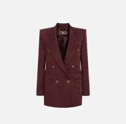 Elisabetta Franchi Jackets And Trench Coats|Tailleur|Jacquard crêpe double-breasted jacket with lettering RougeNoir