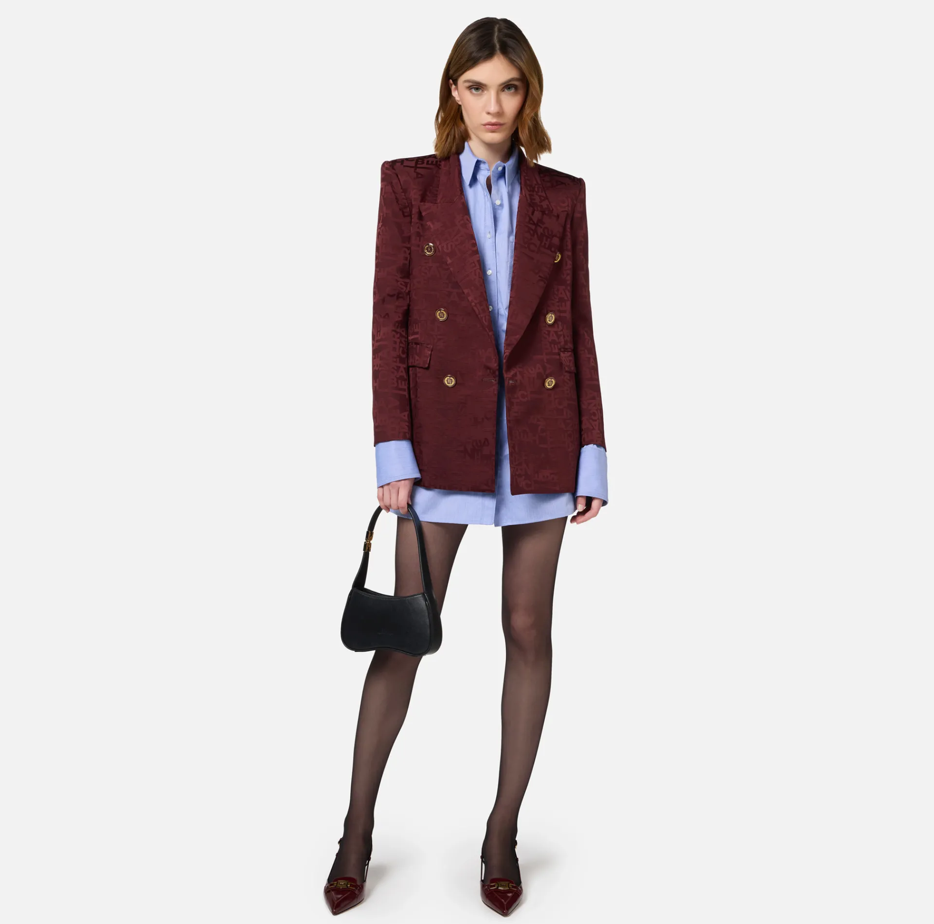 Elisabetta Franchi Jackets And Trench Coats|Tailleur|Jacquard crêpe double-breasted jacket with lettering RougeNoir