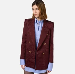 Elisabetta Franchi Jackets And Trench Coats|Tailleur|Jacquard crêpe double-breasted jacket with lettering RougeNoir