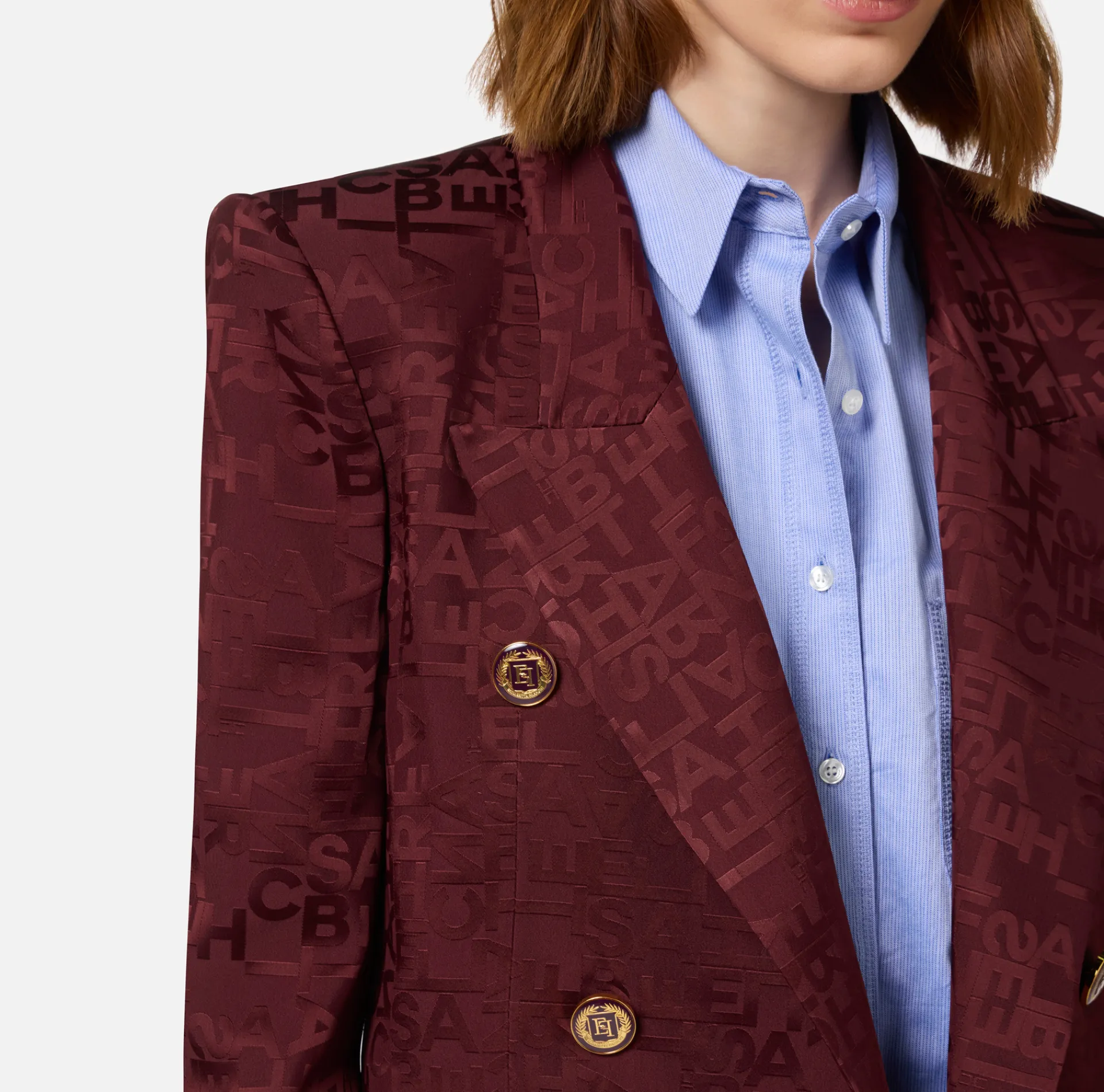 Elisabetta Franchi Jackets And Trench Coats|Tailleur|Jacquard crêpe double-breasted jacket with lettering RougeNoir