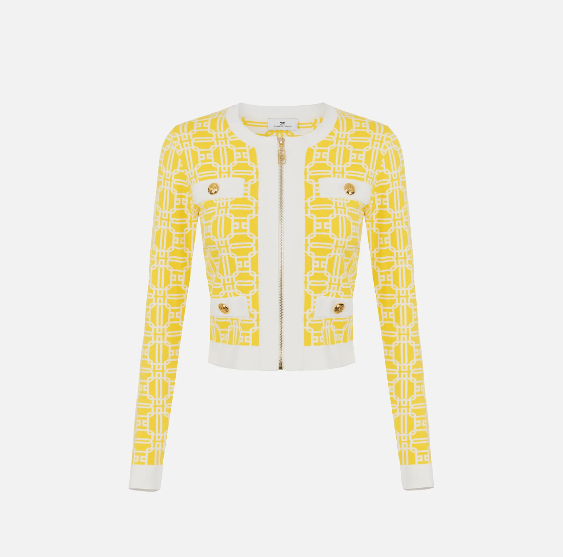 Elisabetta Franchi Knitwear And Sweatshirts|Jacquard logo cropped cardigan Mimosa/Ivory