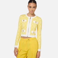 Elisabetta Franchi Knitwear And Sweatshirts|Jacquard logo cropped cardigan Mimosa/Ivory