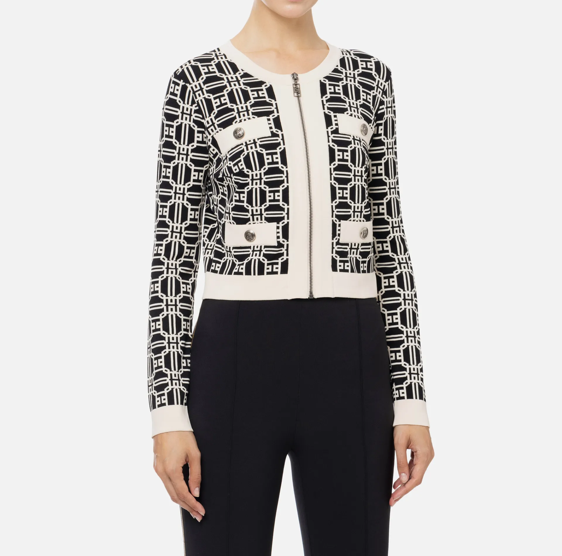 Elisabetta Franchi Knitwear And Sweatshirts|Jacquard logo cropped cardigan Black/Butter