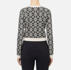 Elisabetta Franchi Knitwear And Sweatshirts|Jacquard logo cropped cardigan Black/Butter