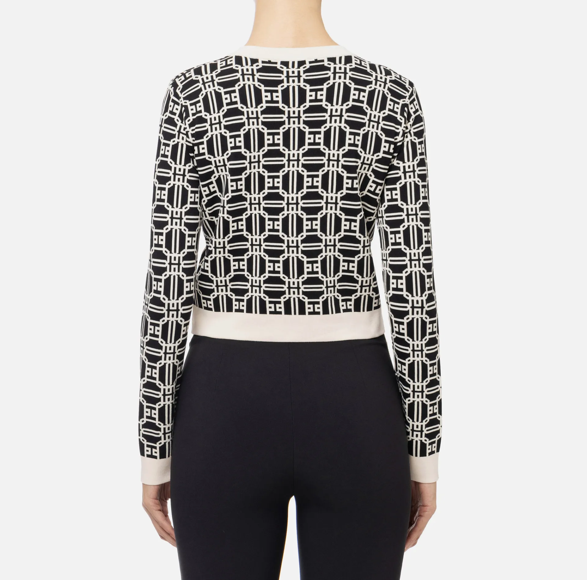 Elisabetta Franchi Knitwear And Sweatshirts|Jacquard logo cropped cardigan Black/Butter