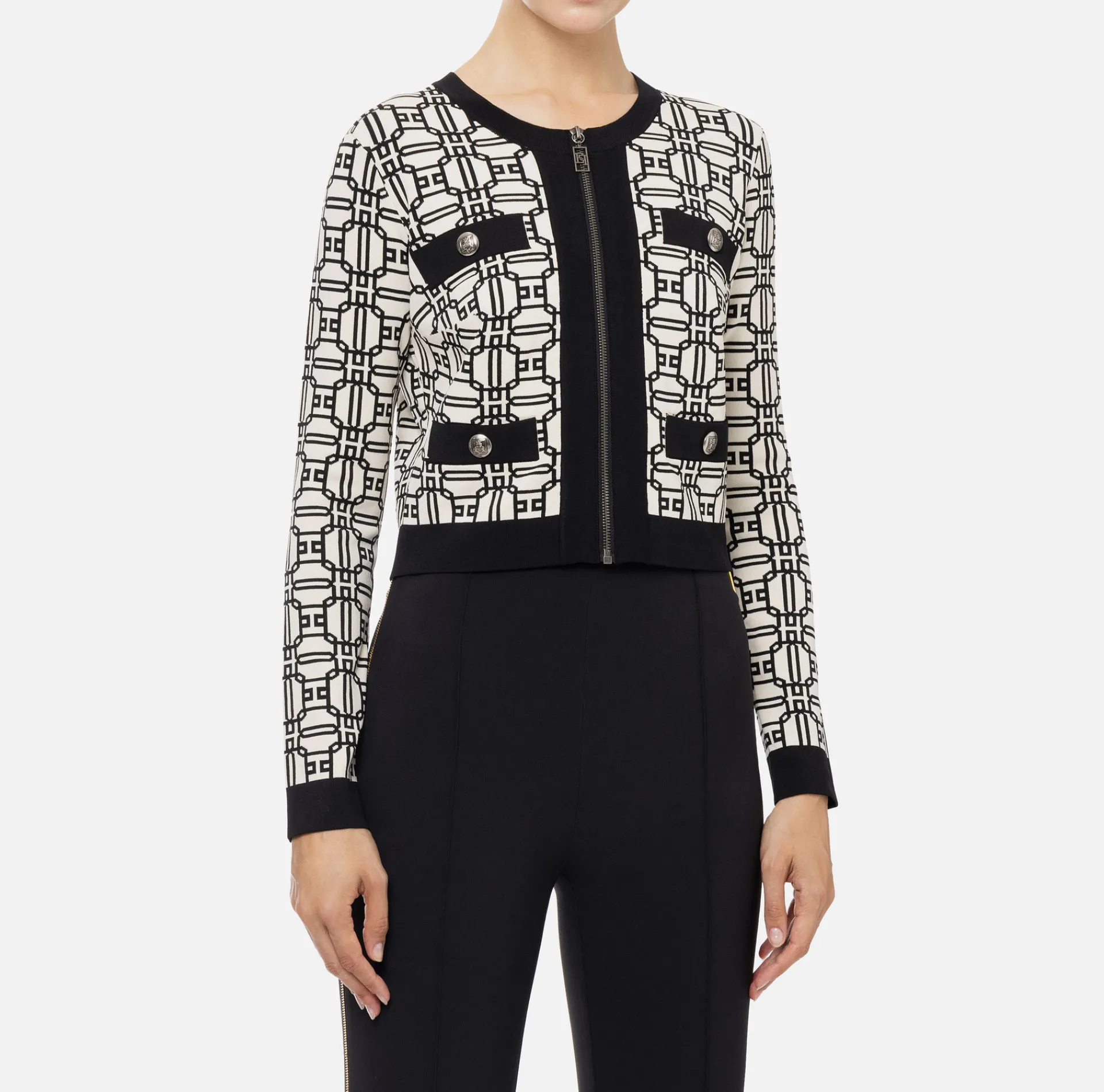 Elisabetta Franchi Knitwear And Sweatshirts|Jacquard logo cropped cardigan Butter/Black