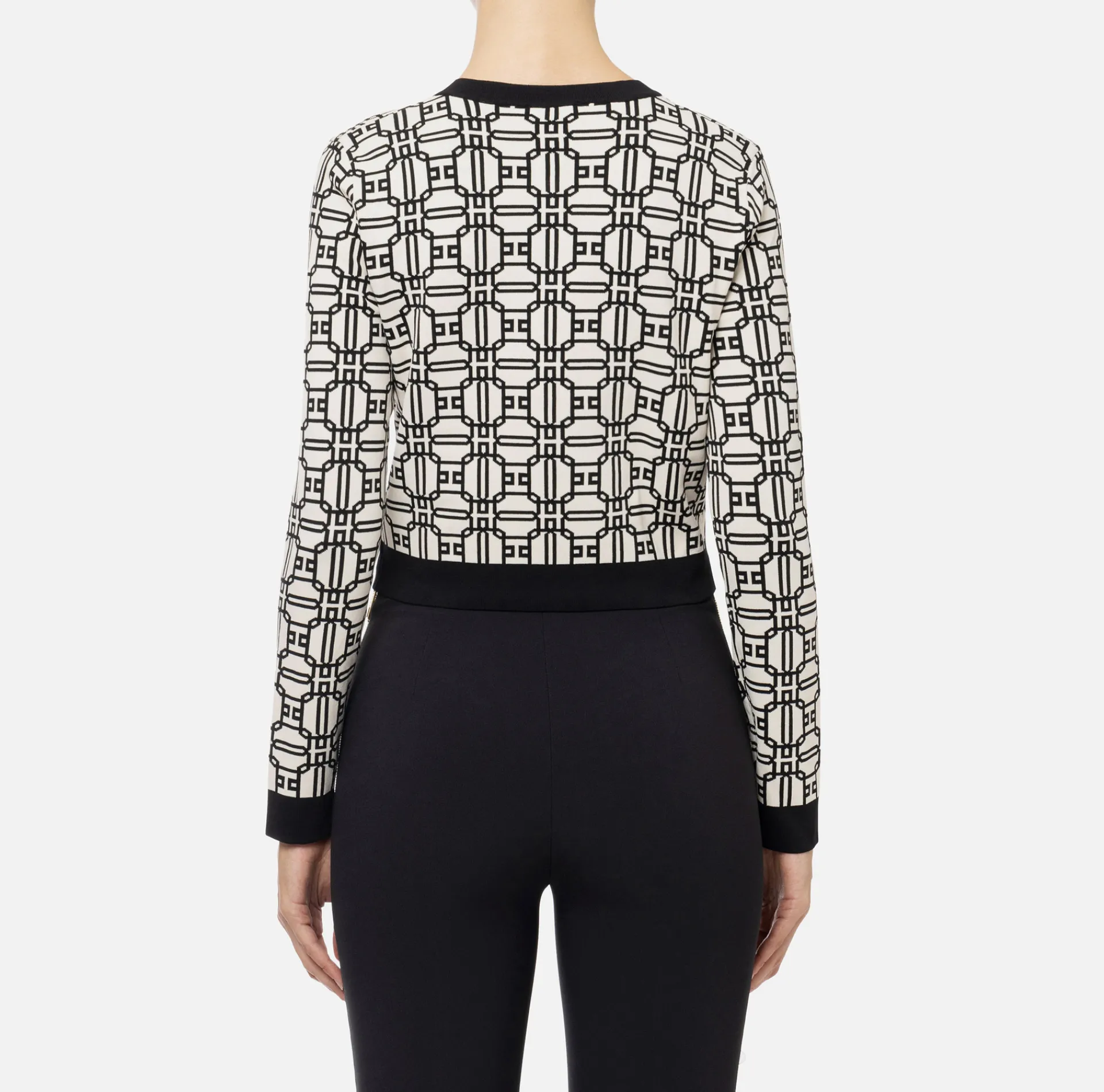 Elisabetta Franchi Knitwear And Sweatshirts|Jacquard logo cropped cardigan Butter/Black