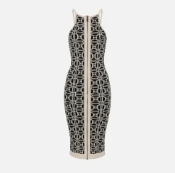 Elisabetta Franchi Knitted Dresses|Midi Dresses|Jacquard logo midi dress Black/Butter