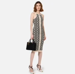 Elisabetta Franchi Knitted Dresses|Midi Dresses|Jacquard logo midi dress Black/Butter