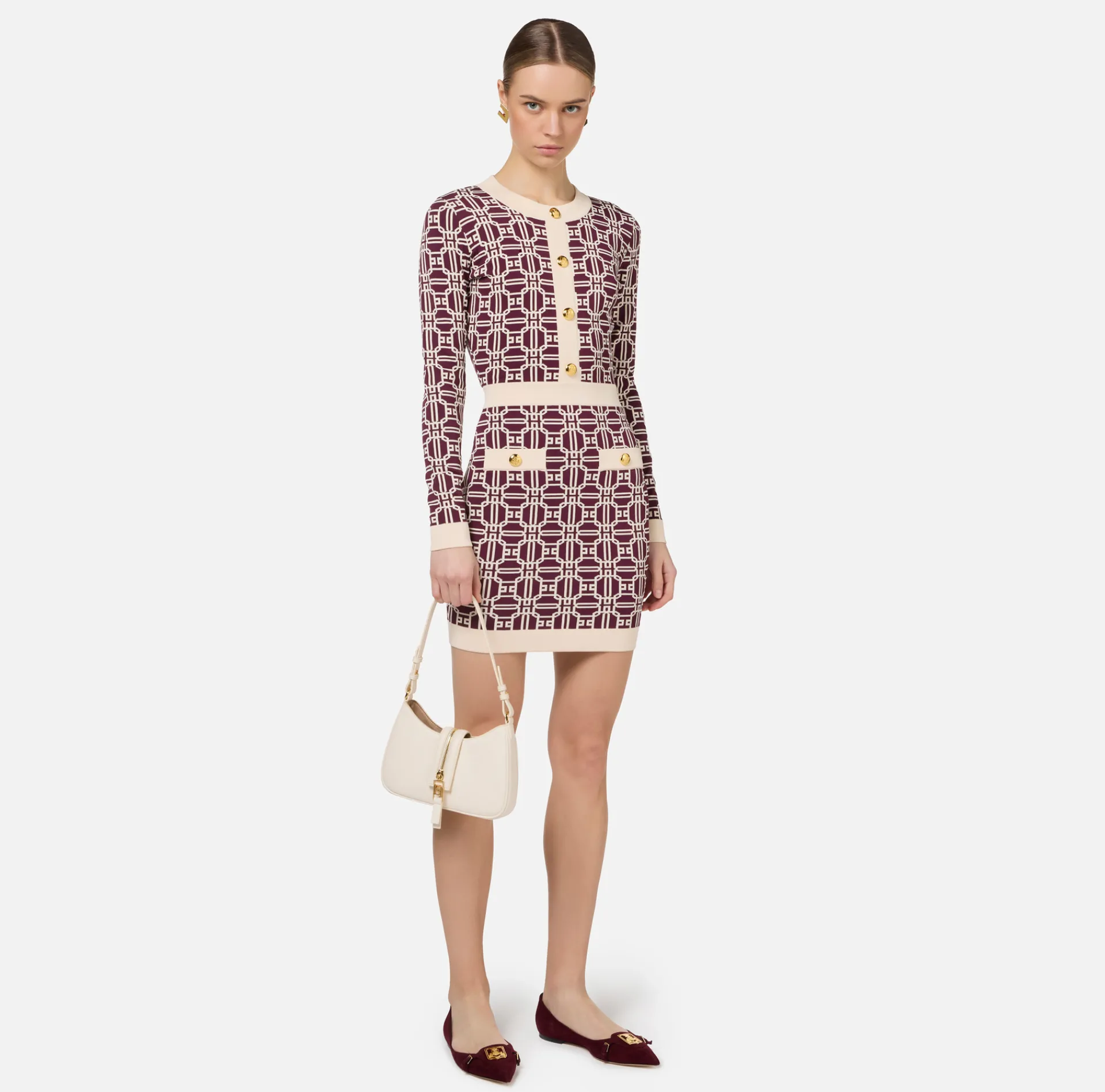 Elisabetta Franchi Mini Dresses|Knitted Dresses|Jacquard logo mini-dress RougeNoir/Butter