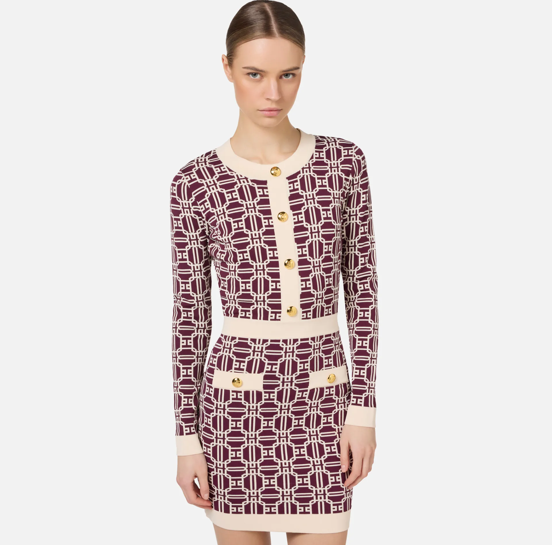 Elisabetta Franchi Mini Dresses|Knitted Dresses|Jacquard logo mini-dress RougeNoir/Butter