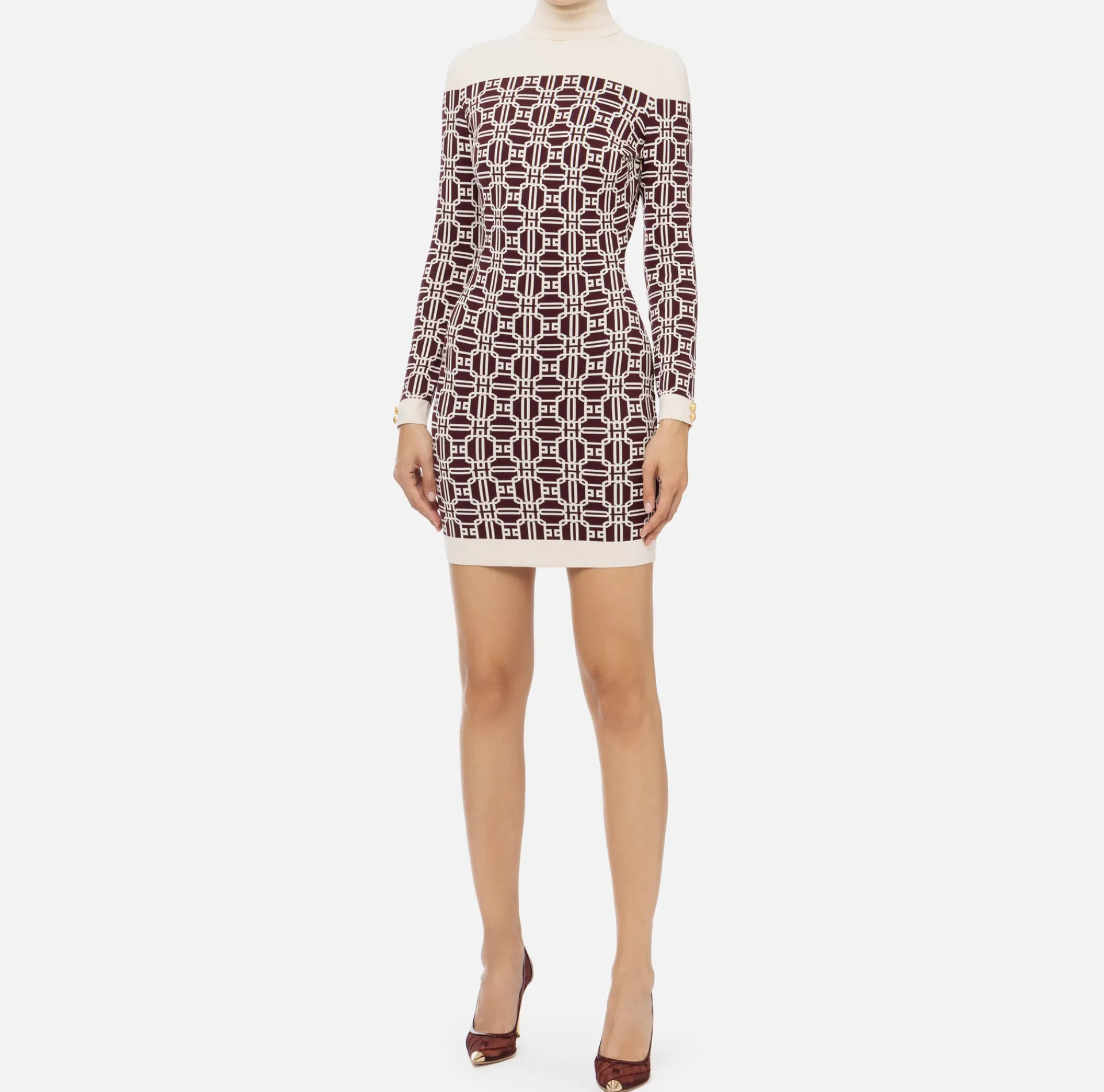 Elisabetta Franchi Mini Dresses|Knitted Dresses|Jacquard logo turtleneck mini-dress RougeNoir/Butter