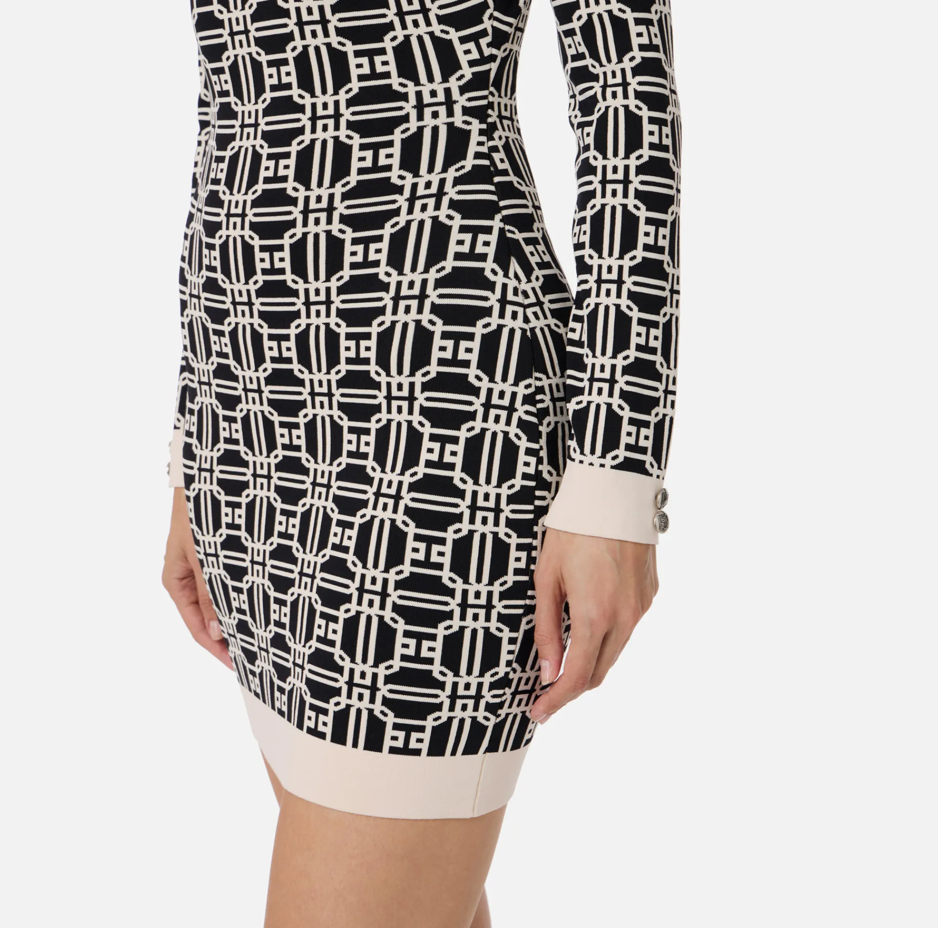 Elisabetta Franchi Mini Dresses|Knitted Dresses|Jacquard logo turtleneck mini-dress Black/Butter