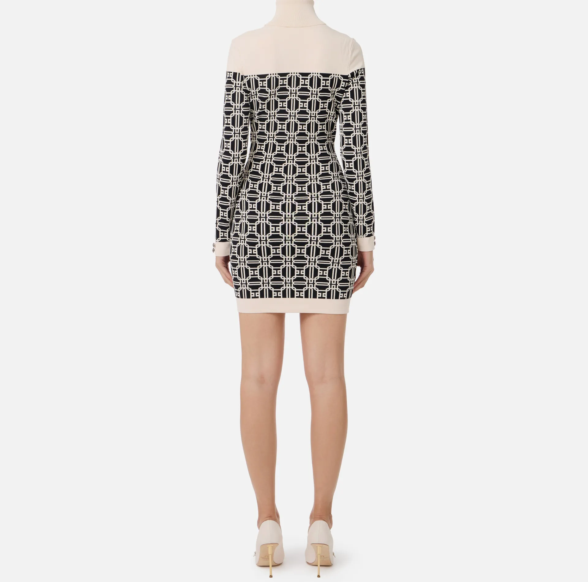 Elisabetta Franchi Mini Dresses|Knitted Dresses|Jacquard logo turtleneck mini-dress Black/Butter