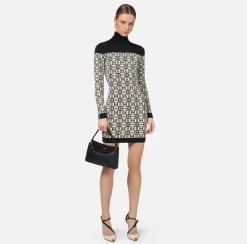 Elisabetta Franchi Mini Dresses|Knitted Dresses|Jacquard logo turtleneck mini-dress Butter/Black