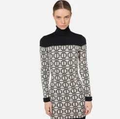 Elisabetta Franchi Mini Dresses|Knitted Dresses|Jacquard logo turtleneck mini-dress Butter/Black