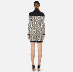 Elisabetta Franchi Mini Dresses|Knitted Dresses|Jacquard logo turtleneck mini-dress Butter/Black