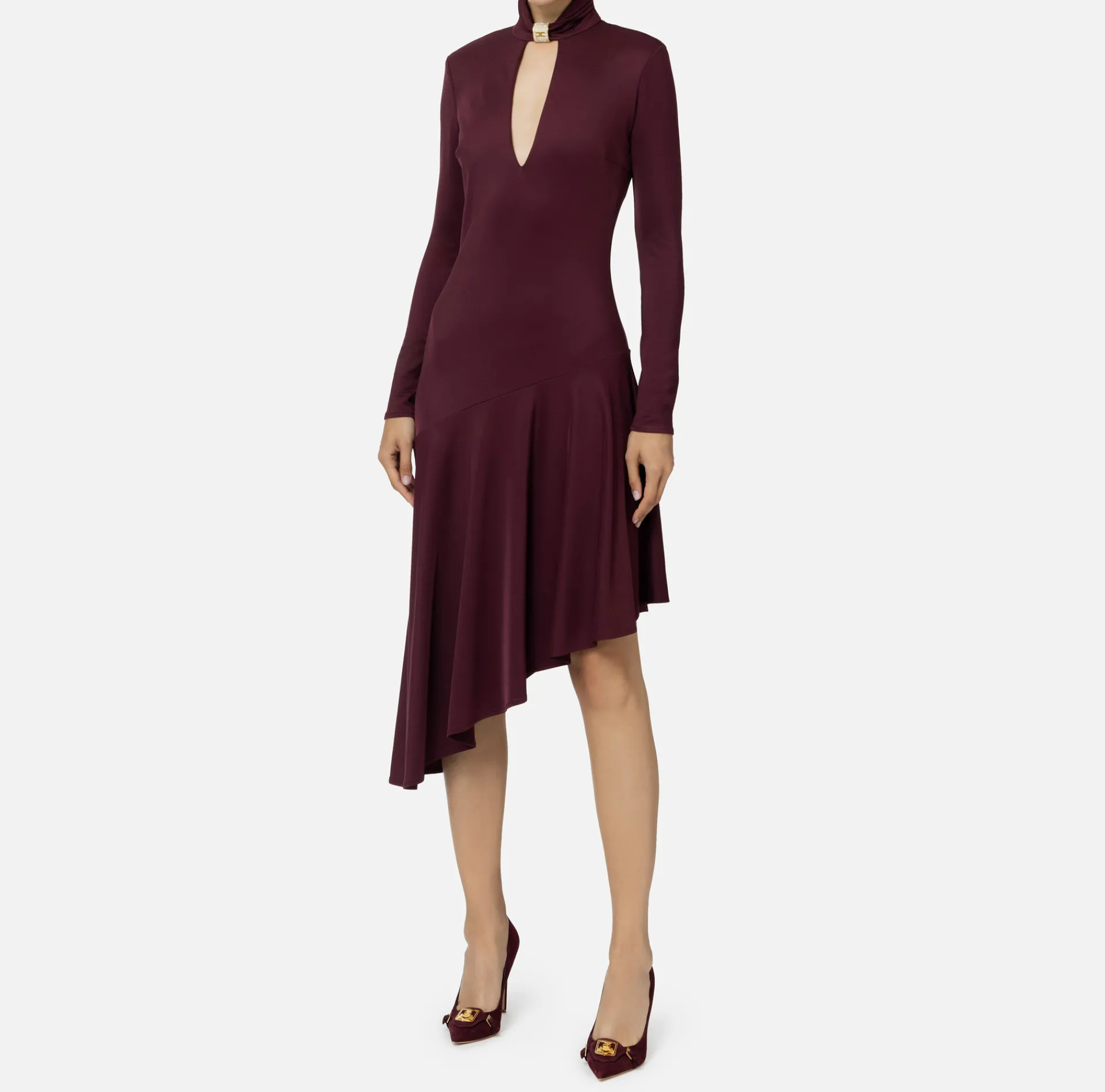 Elisabetta Franchi Midi Dresses|Dresses|Jersey midi dress with jewel accessory RougeNoir