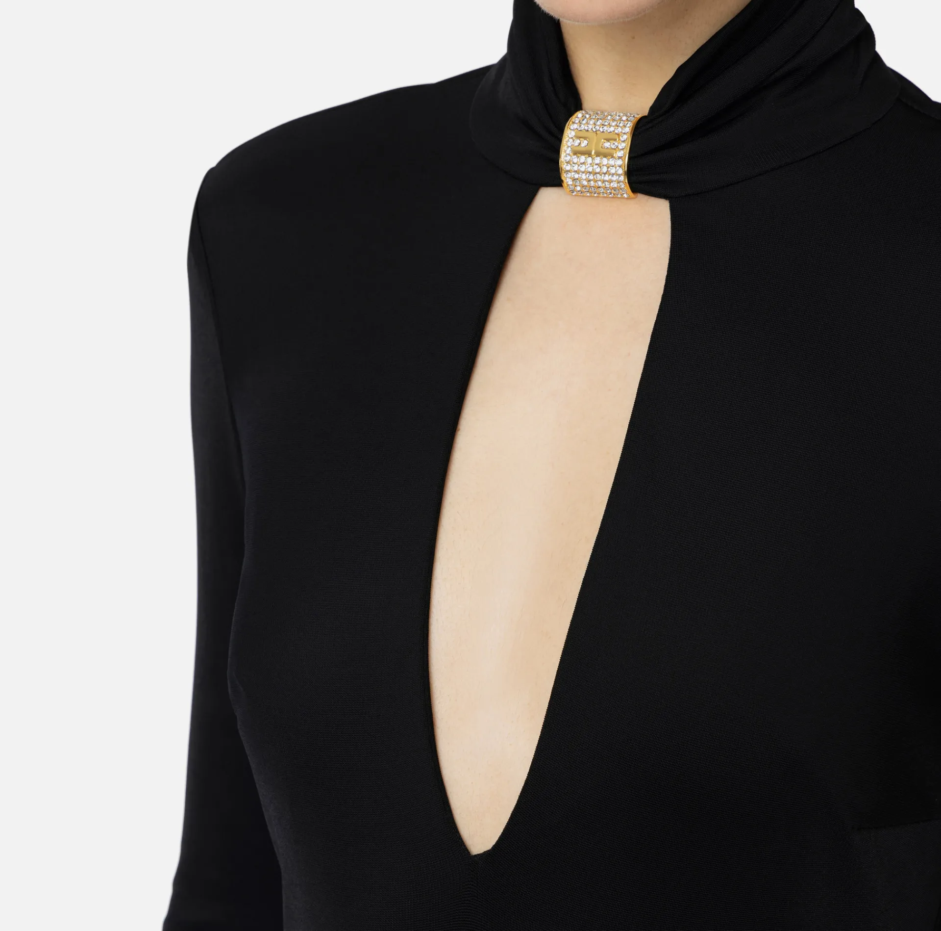 Elisabetta Franchi Midi Dresses|Dresses|Jersey midi dress with jewel accessory Black
