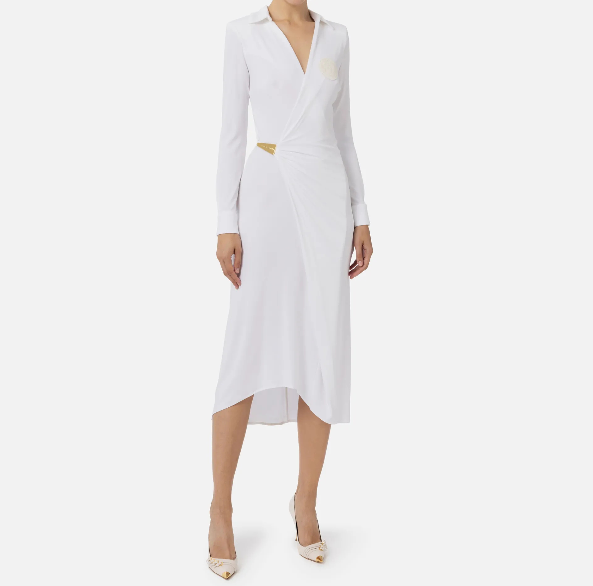 Elisabetta Franchi Midi Dresses|Dresses|Jersey midi dress with side knot Ivory