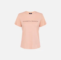 Elisabetta Franchi Top And T-Shirts|Jersey T-shirt with logo made with rhinestones PeachRose
