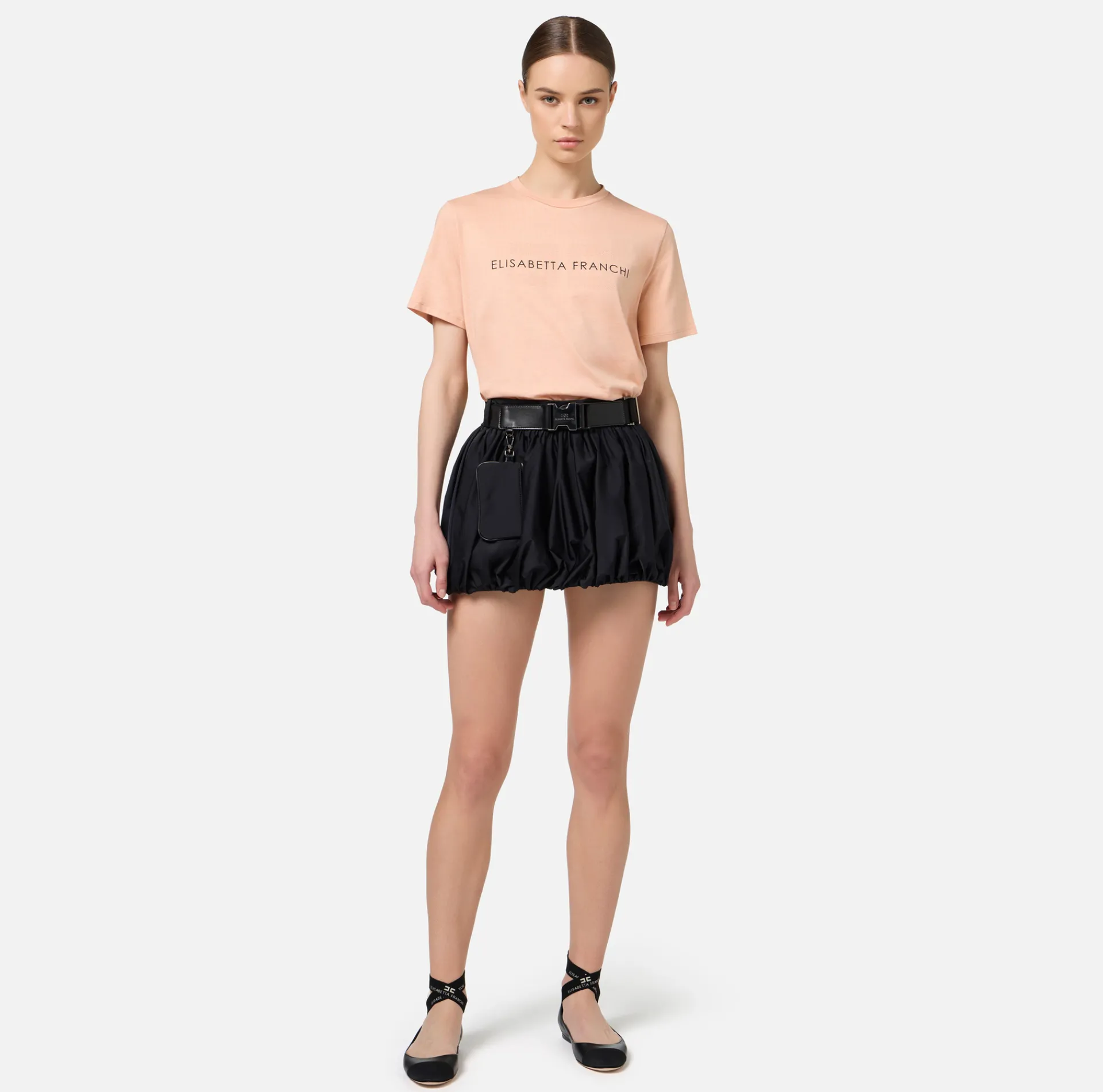 Elisabetta Franchi Top And T-Shirts|Jersey T-shirt with logo made with rhinestones PeachRose