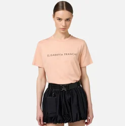 Elisabetta Franchi Top And T-Shirts|Jersey T-shirt with logo made with rhinestones PeachRose