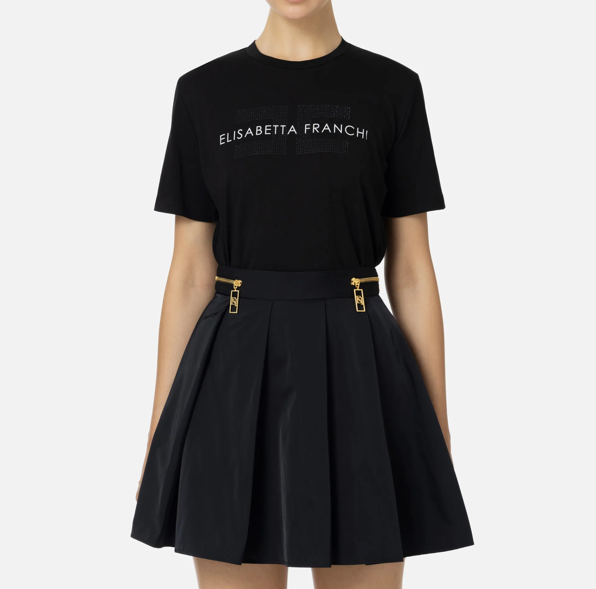 Elisabetta Franchi Top And T-Shirts|Jersey T-shirt with logo made with rhinestones Black