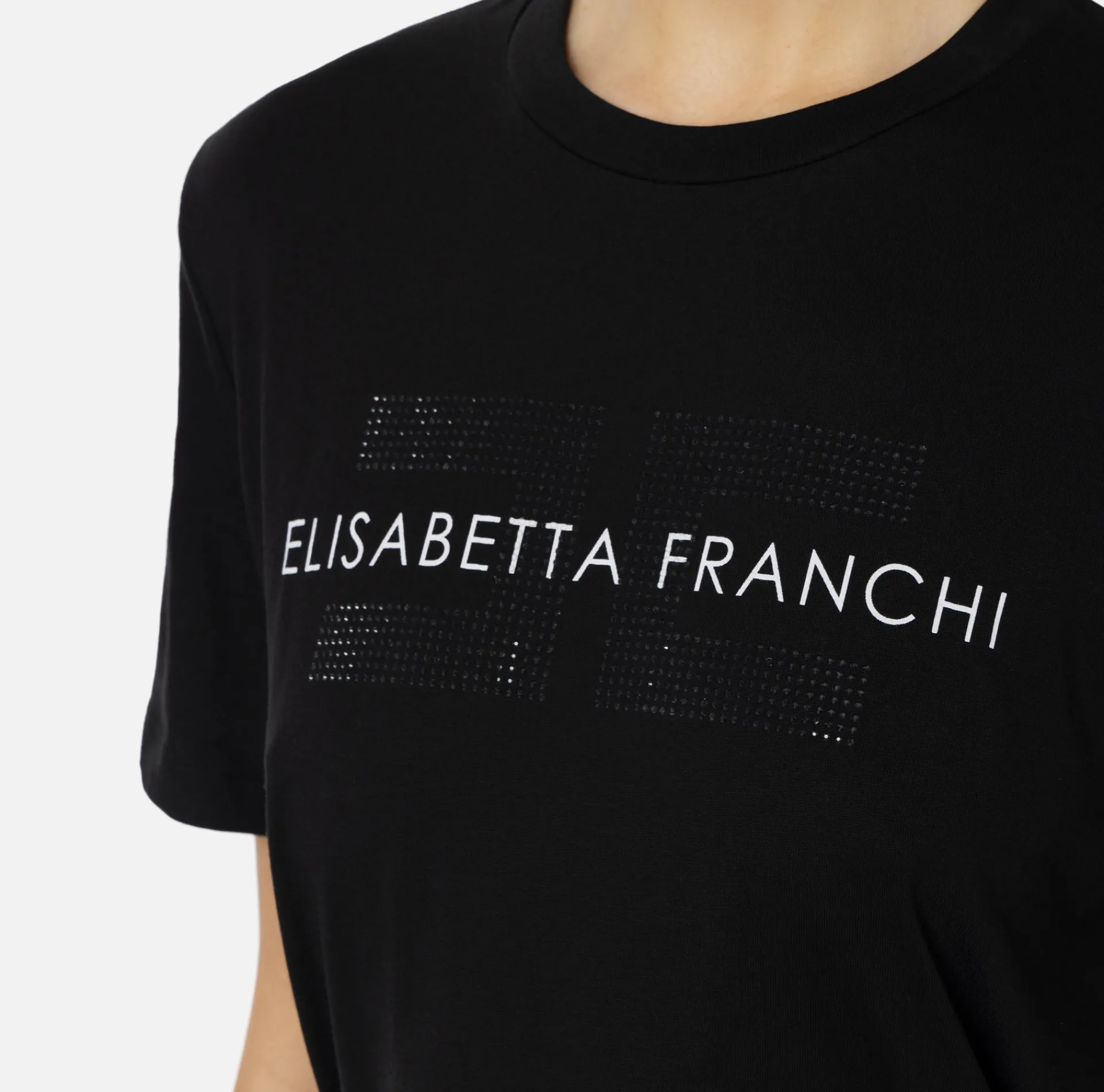 Elisabetta Franchi Top And T-Shirts|Jersey T-shirt with logo made with rhinestones Black