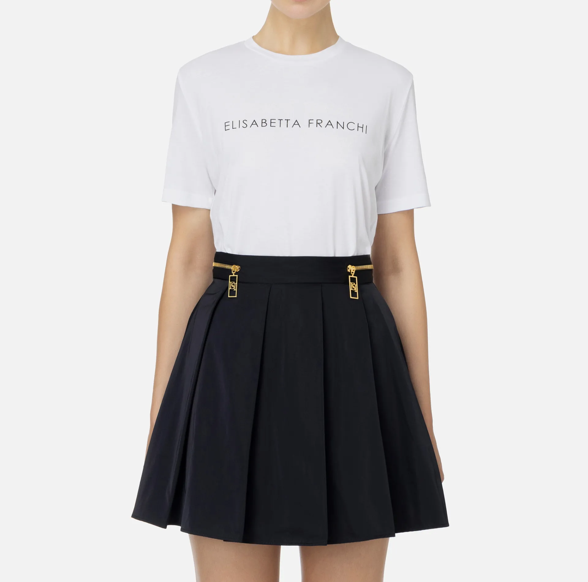 Elisabetta Franchi Top And T-Shirts|Jersey T-shirt with logo made with rhinestones Chalk