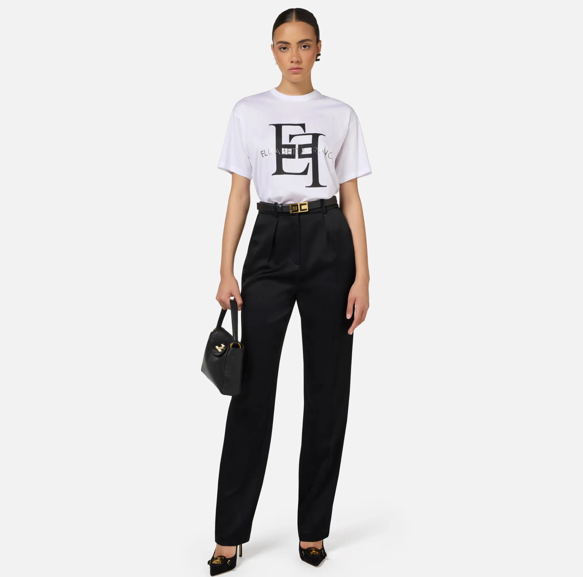 Elisabetta Franchi Top And T-Shirts|Jersey T-shirt with maxi logo Chalk/Black