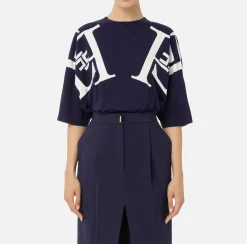 Elisabetta Franchi Top And T-Shirts|Jersey T-shirt with maxi logo on the sleeves Navy