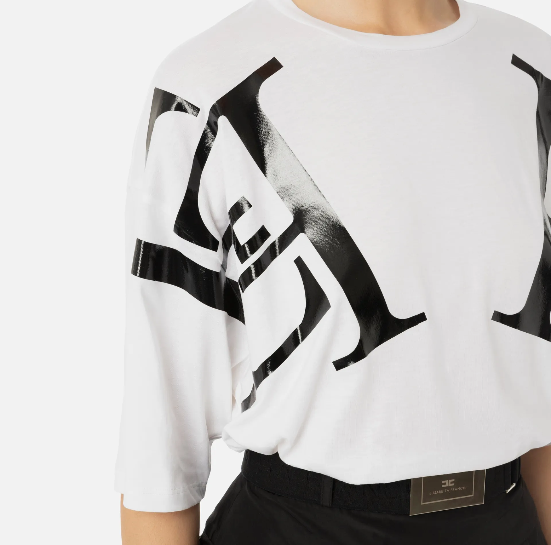 Elisabetta Franchi Top And T-Shirts|Jersey T-shirt with maxi logo on the sleeves Chalk