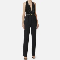 Elisabetta Franchi Jumpsuits|Jumpsuit in crêpe and tulle fabric embroidered with sequins Black