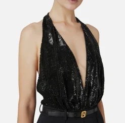 Elisabetta Franchi Jumpsuits|Jumpsuit in crêpe and tulle fabric embroidered with sequins Black
