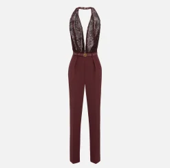 Elisabetta Franchi Jumpsuits|Jumpsuit in crêpe and tulle fabric embroidered with sequins RougeNoir
