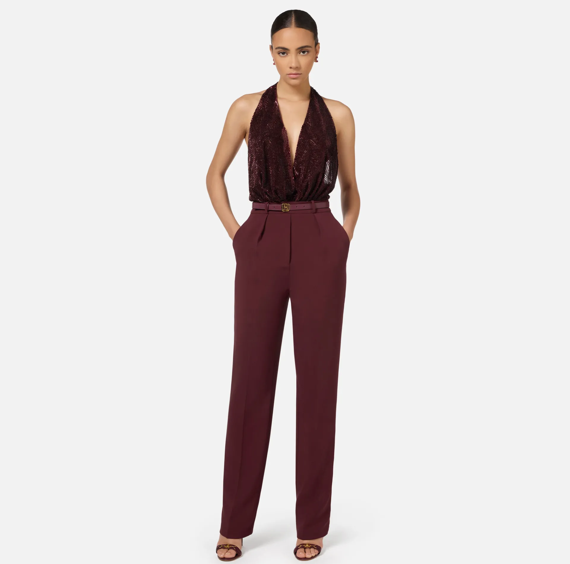 Elisabetta Franchi Jumpsuits|Jumpsuit in crêpe and tulle fabric embroidered with sequins RougeNoir