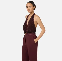 Elisabetta Franchi Jumpsuits|Jumpsuit in crêpe and tulle fabric embroidered with sequins RougeNoir