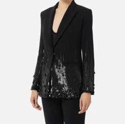 Elisabetta Franchi Jackets And Trench Coats|Jumpsuit in crêpe embroidered with sequins Black