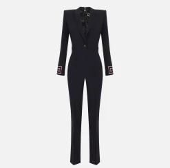 Elisabetta Franchi Jumpsuits|Jumpsuit in crêpe fabric with bands and logo embroidery Black/Butter