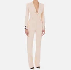 Elisabetta Franchi Jumpsuits|Jumpsuit in crêpe fabric with bands and logo embroidery Cream/Black