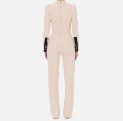 Elisabetta Franchi Jumpsuits|Jumpsuit in crêpe fabric with bands and logo embroidery Cream/Black