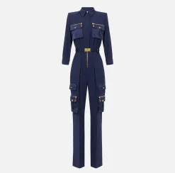 Elisabetta Franchi Jumpsuits|Jumpsuit in crêpe fabric with pockets and belt Navy