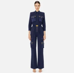 Elisabetta Franchi Jumpsuits|Jumpsuit in crêpe fabric with pockets and belt Navy