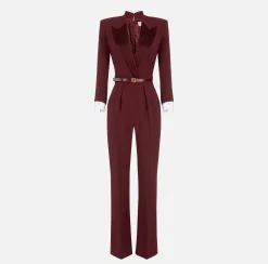 Elisabetta Franchi Jumpsuits|Jumpsuit in stretch crêpe fabric with satin lapels RougeNoir