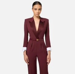 Elisabetta Franchi Jumpsuits|Jumpsuit in stretch crêpe fabric with satin lapels RougeNoir