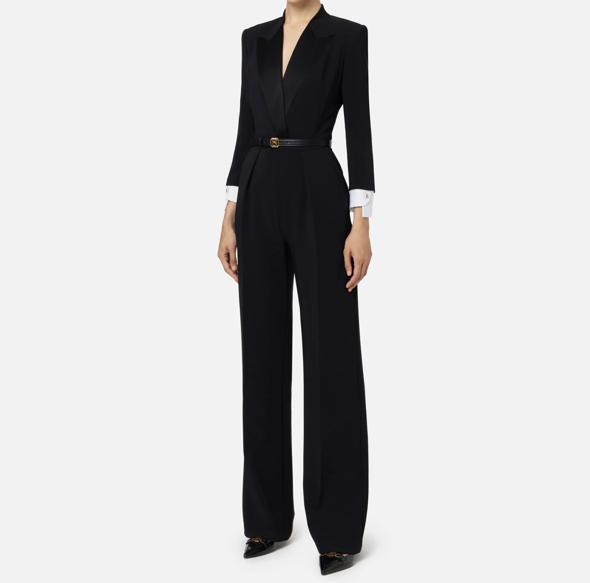 Elisabetta Franchi Jumpsuits|Jumpsuit in stretch crêpe fabric with satin lapels Black