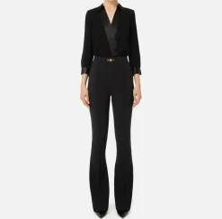 Elisabetta Franchi Jumpsuits|Jumpsuit in viscose with crossover blouse and flared trousers with horsebit Black